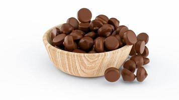 chispas de chocolate cayendo sobre un tazón de madera ilustración 3d foto