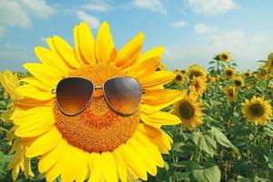 Funny sunflower with sunglasses on a blue sky photo