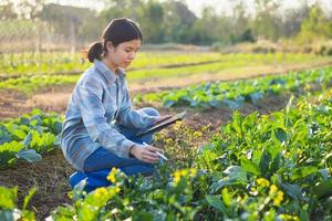 una mujer asiática usa una tableta para verificar la información sobre el cultivo de vegetales en el jardín foto