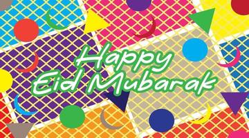 eid al fitr mubarak, con círculos y luna de fondo colorido. estilo garabato. cartel horizontal, tarjeta de felicitación, encabezado para sitio web vector