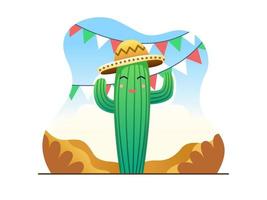 Cinco de Mayo Illustration Design With Cute Cactus Wear Sombrero. Mexico Cinco De Mayo Celebration. Can be used for greeting card, postcard, poster, banner, social media, print, etc