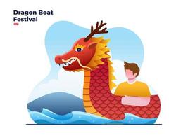 gente remando en botes de dragón para celebrar el festival del bote del dragón. ilustración del festival del barco del dragón chino. se puede utilizar para tarjetas de felicitación, postales, impresos, redes sociales, pancartas, afiches, etc. vector
