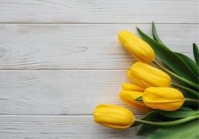 Delicate yellow tulips on white wooden background
