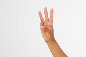 right hand a black woman show the third, number three sign. isolated on white background. afro american hand. Mock up. Copy space. Template. Blank. photo