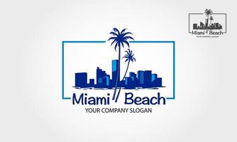 Miami beach vector logo in silhouette style with beach, palm tree and buildings vector illustration.