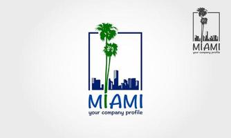 Miami beach vector logo on tropical beach with palm trees. In silhouette style with beach, palm tree and buildings vector illustration.