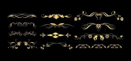 conjunto de divisores de oro. encabezados rizados abstractos, conjunto de elementos de diseño. elementos de diseño dorado sobre el fondo negro. caligráfico de estilo de lujo. ilustración vectorial