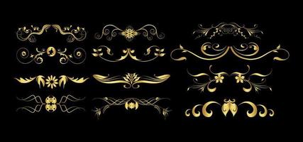 Set of gold dividers. Abstract curly headers, design element set. Golden design elements on the black background vector