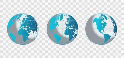 Set of transparent globes of Earth. Realistic world map in globe shape vector