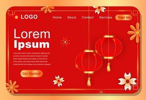 diseño de plantilla de página de destino chino oriental con linternas y flores vector