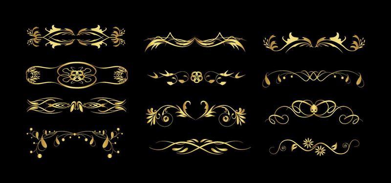 Set of gold dividers. Abstract curly headers, design element set. Golden design elements on the black background