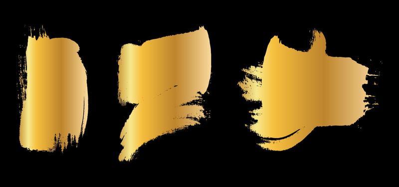 Set of golden grunge hand drawn rough box torn shapes. Edge foil frames. Distressed brush strokes, blots, borders and gold dividers. Vector illustration. Isolated on black background