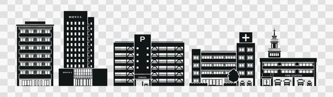Commercial buildings. City, house, architecture, skyscraper, downtown and apartment. Real estate. Cafe, pizza house, shop, hostel and bank. Vector Solid Icons