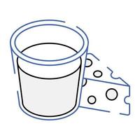 vaso de leche y queso, icono isométrico de productos lácteos vector