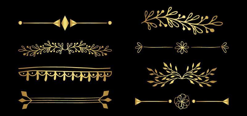 Set of vintage golden dividers. Vector elements for your design on black background. Calligraphic design elements and page decoration