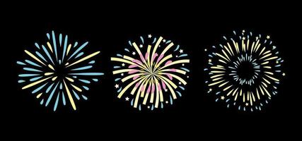 Festive patterned firework bursting in various shapes sparkling pictograms set