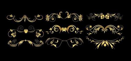 Set of gold dividers. Abstract curly headers, design element set. Golden design elements on the black background. Luxury style calligraphic vector