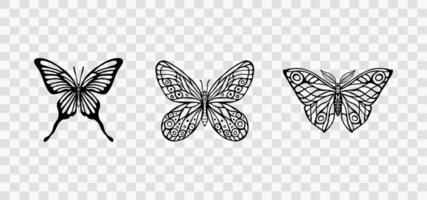 mariposa. conjunto de iconos de silueta de mariposas de primavera. colección de tallas. mariposa de plantilla, luciérnagas, alas de polilla, insectos voladores aislados en un vector de fondo transparente