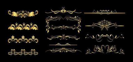 Set of gold dividers. Abstract curly headers, design element set. Golden design elements on the black background. Luxury style calligraphic.