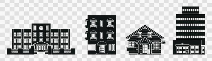 Commercial buildings. City, house, architecture, skyscraper, downtown and apartment. Real estate. Cafe, pizza house, shop, hostel and bank. Vector eps 10