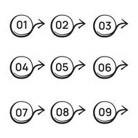 puntos numéricos, ronda y flecha, estilo dibujado a mano vector