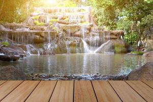 Empty space table for background waterfall decoration photo