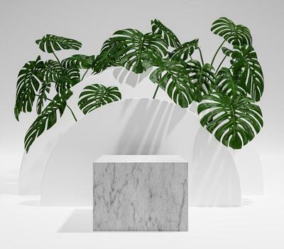 3d Rendering Realistic Marble podium with a product presentation 3d render Background With Tree photo