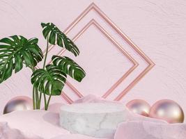 Luxury pink podium with a product presentation 3d render Background with Plant photo