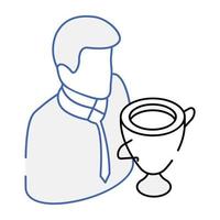 Person with trophy, outline isometric icon of winner vector