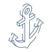 Nautical tool, icon of ship anchor in outline isometric style vector