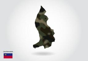 mapa de liechtenstein con patrón de camuflaje, bosque - textura verde en el mapa. concepto militar para ejército, soldado y guerra. escudo de armas, bandera. vector