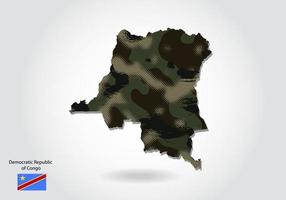 mapa de la república democrática del congo con patrón de camuflaje, bosque - textura verde en el mapa. concepto militar para ejército, soldado y guerra. escudo de armas, bandera. vector