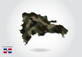 mapa de república dominicana con patrón de camuflaje, bosque - textura verde en el mapa. concepto militar para ejército, soldado y guerra. escudo de armas, bandera. vector