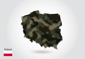 mapa de polonia con patrón de camuflaje, bosque - textura verde en el mapa. concepto militar para ejército, soldado y guerra. escudo de armas, bandera. vector