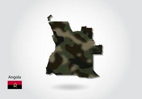 mapa de angola con patrón de camuflaje, textura verde bosque en el mapa. concepto militar para ejército, soldado y guerra. escudo de armas, bandera. vector
