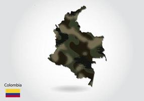 mapa de colombia con patrón de camuflaje, bosque - textura verde en el mapa. concepto militar para ejército, soldado y guerra. escudo de armas, bandera. vector