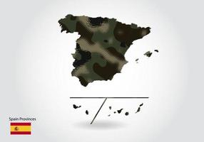 mapa de provincias de españa con patrón de camuflaje, bosque - textura verde en el mapa. concepto militar para ejército, soldado y guerra. escudo de armas, bandera. vector