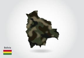 mapa de bolivia con patrón de camuflaje, textura verde bosque en el mapa. concepto militar para ejército, soldado y guerra. escudo de armas, bandera. vector