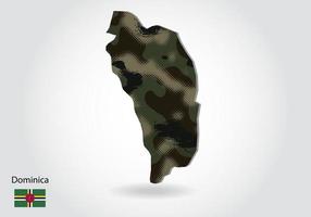 mapa de dominica con patrón de camuflaje, bosque - textura verde en el mapa. concepto militar para ejército, soldado y guerra. escudo de armas, bandera. vector