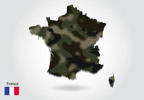 mapa de francia con patrón de camuflaje, bosque - textura verde en el mapa. concepto militar para ejército, soldado y guerra. escudo de armas, bandera. vector