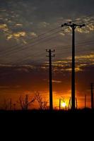 Silhouette of power lines in front of setting sun photo