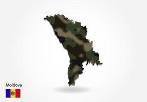 mapa de moldavia con patrón de camuflaje, bosque - textura verde en el mapa. concepto militar para ejército, soldado y guerra. escudo de armas, bandera.