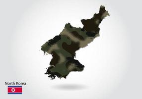 mapa de corea del norte con patrón de camuflaje, bosque - textura verde en el mapa. concepto militar para ejército, soldado y guerra. escudo de armas, bandera. vector
