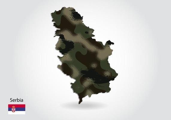 Serbia map with camouflage pattern, Forest - green texture in map. Military concept for army, soldier and war. coat of arms, flag.