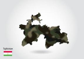 mapa de tayikistán con patrón de camuflaje, bosque - textura verde en el mapa. concepto militar para ejército, soldado y guerra. escudo de armas, bandera. vector