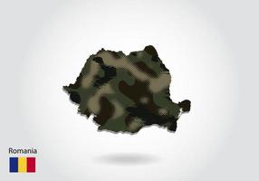 Romania map with camouflage pattern, Forest - green texture in map. Military concept for army, soldier and war. coat of arms, flag. vector