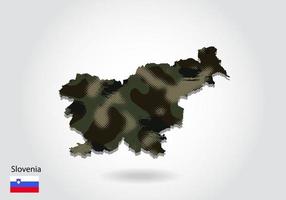 mapa de eslovenia con patrón de camuflaje, bosque - textura verde en el mapa. concepto militar para ejército, soldado y guerra. escudo de armas, bandera. vector