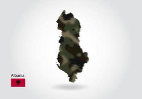 mapa de albania con patrón de camuflaje, textura verde bosque en el mapa. concepto militar para ejército, soldado y guerra. escudo de armas, bandera. vector