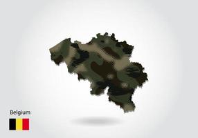 mapa de bélgica con patrón de camuflaje, textura verde bosque en el mapa. concepto militar para ejército, soldado y guerra. escudo de armas, bandera.