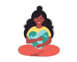 Black woman hugging Earth globe. Earth Day, saving planet, nature protect, ecological awareness vector